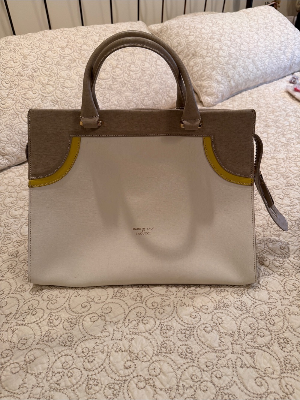 Two-Tone White and Taupe Leather Tote with Yellow Accents
